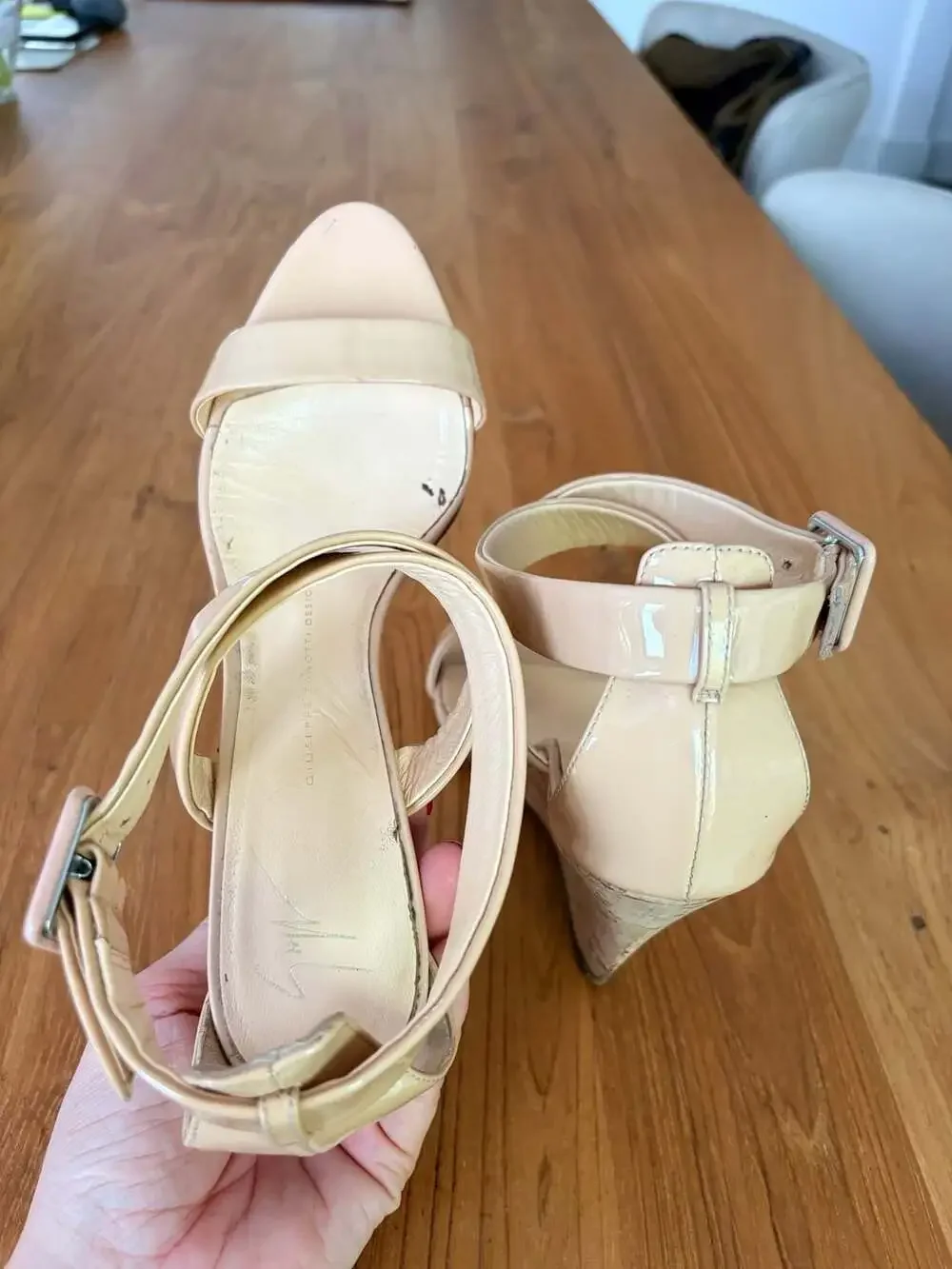 Giuseppe Zanotti Design Beige Patent Leather Cork Wedge Sandals